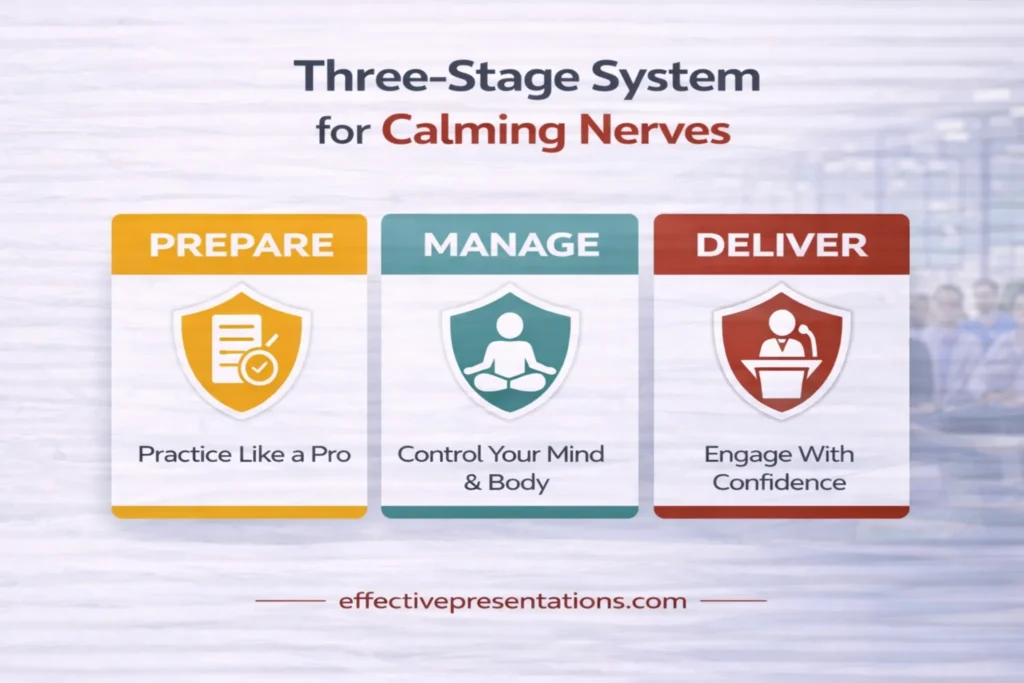 Three-stage system to calm nerves — prepare, manage, deliver framework | Effective Presentations
