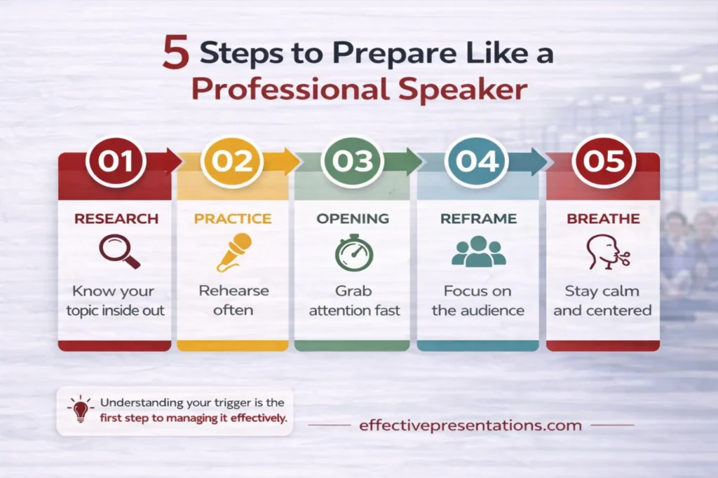 5 steps to prepare like a professional speaker — research, practice, opening, reframe, breathe | Effective Presentations