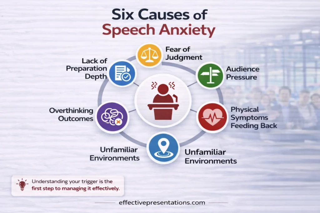 Six causes of speech anxiety diagram — common triggers of public speaking fear | Effective Presentations