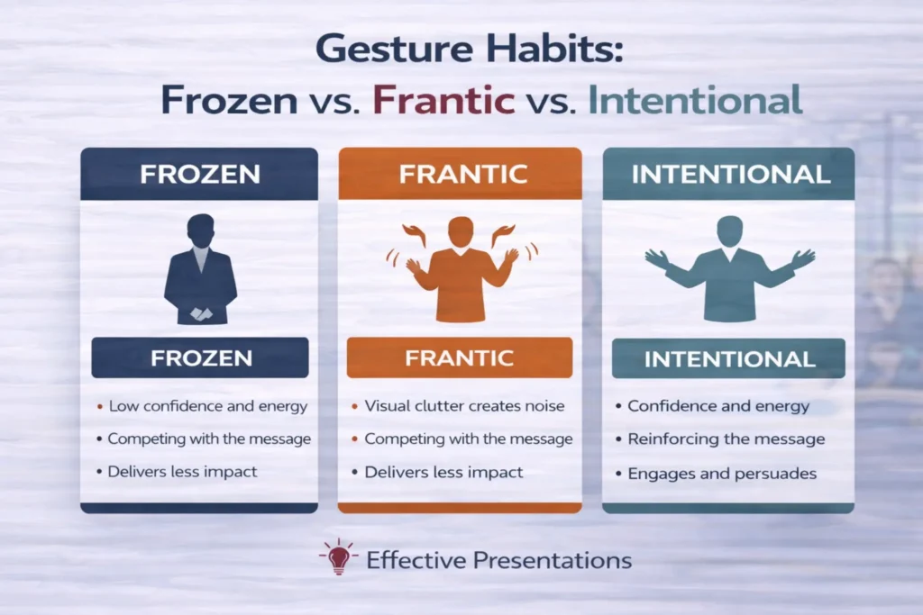 Gesture habits comparison chart showing frozen frantic and intentional gesture patterns for professional speakers | Effective Presentations