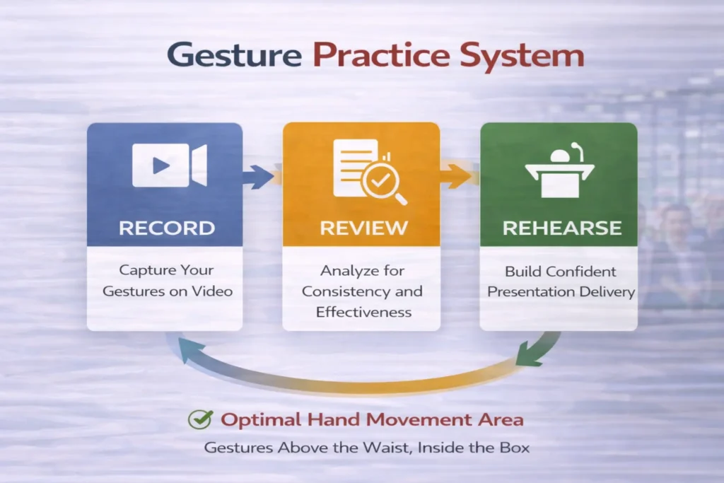 Gesture practice system showing record review and rehearse steps for confident presentation delivery | Effective Presentations