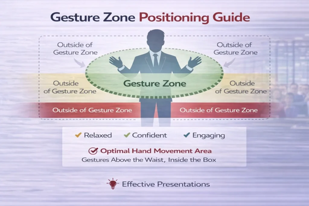 Gesture zone positioning guide showing optimal hand movement area for confident public speakers | Effective Presentations