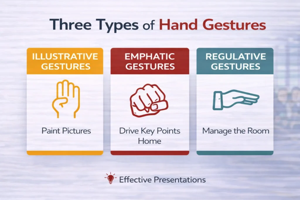 Three types of hand gestures diagram showing illustrative emphatic and regulative categories for presenters | Effective Presentations