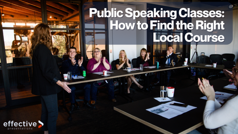 Professional public speaking class in Lakewood, Colorado, showing a student practicing on stage with a coach.