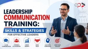 Leadership communication training session with team collaboration and workplace success
